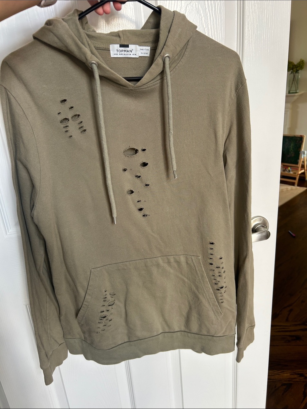 Topman mens Olive Green Distressed Hoodie